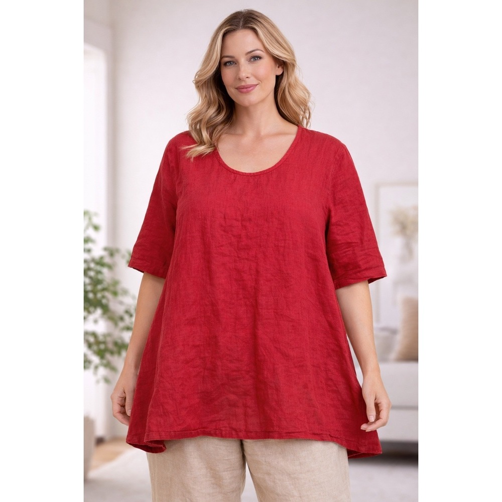 FLAX Women's Red Linen Tunic Top Short Sleeve‎ Scoop Neck Size L